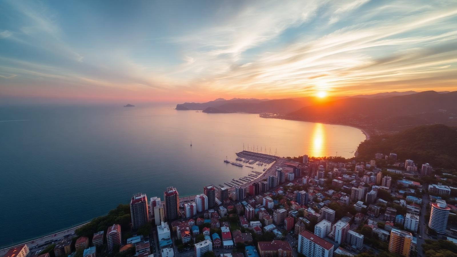 Aerial view of a coastal city at sunrise